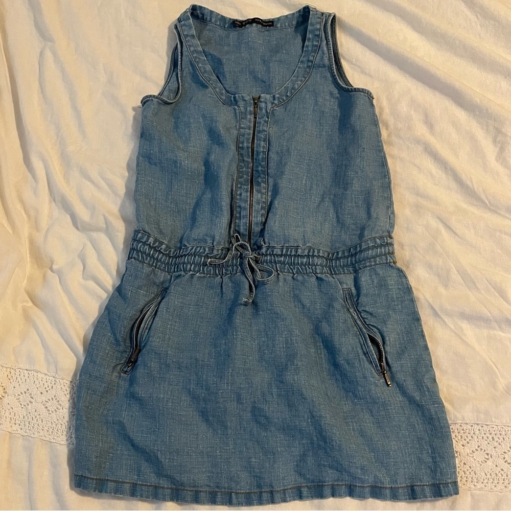 Zara Basic XS Denim Tunic Dress Tank Sleeveless Waist tie Mini